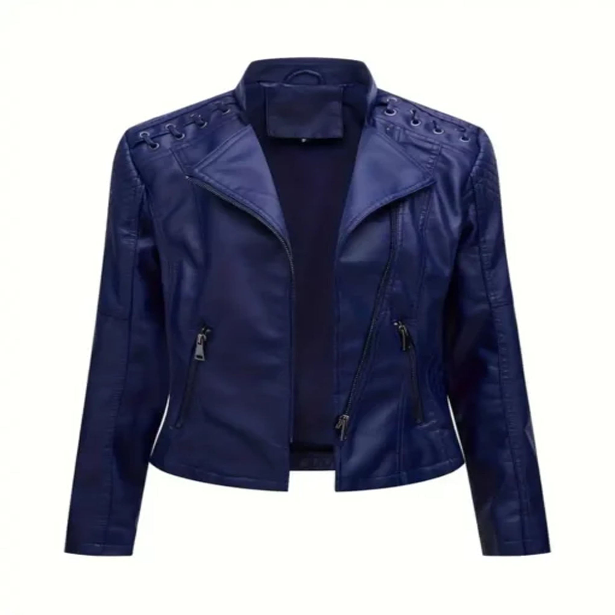 Women faux leather motorcycle jacket front biker style