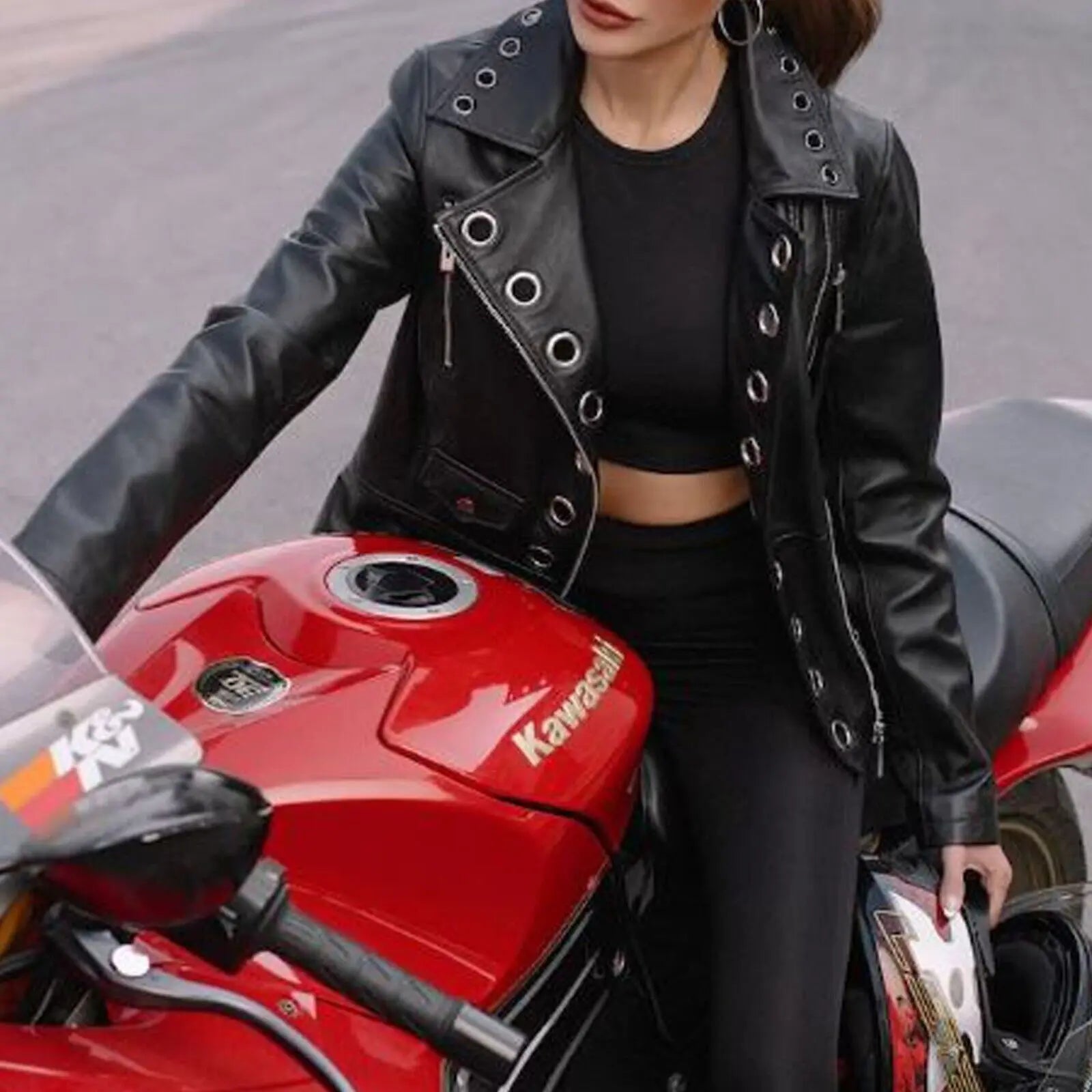 Women's Real Genuine Leather Motorcycle Black Slim Fit Zipper Biker Jacket, front view