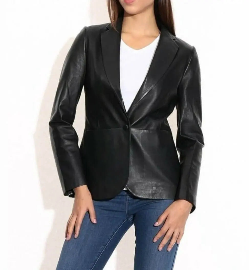 Women luxury black leather tuxedo blazer mid length coat