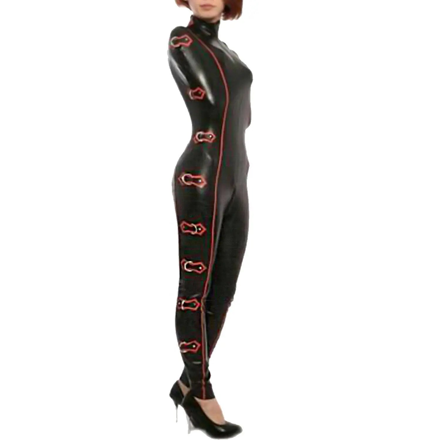 Women premium genuine leather full body bodysuit suit black