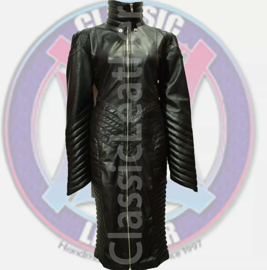 Women quilted leather hooded long coat with lace up back