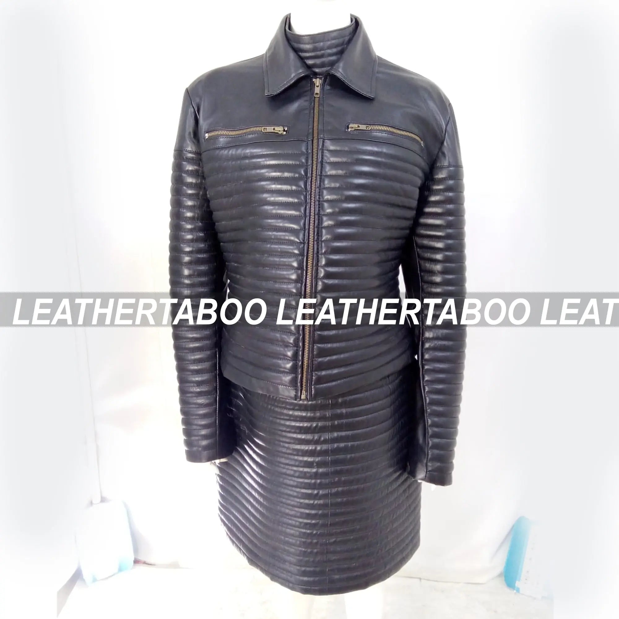 Women's Real Leather Quilted Mini Dress & Jacket Set – Bodycon Sleeveless Dress + Padded Jacket – Handmade Black Leather Outfit - Leather taboo
