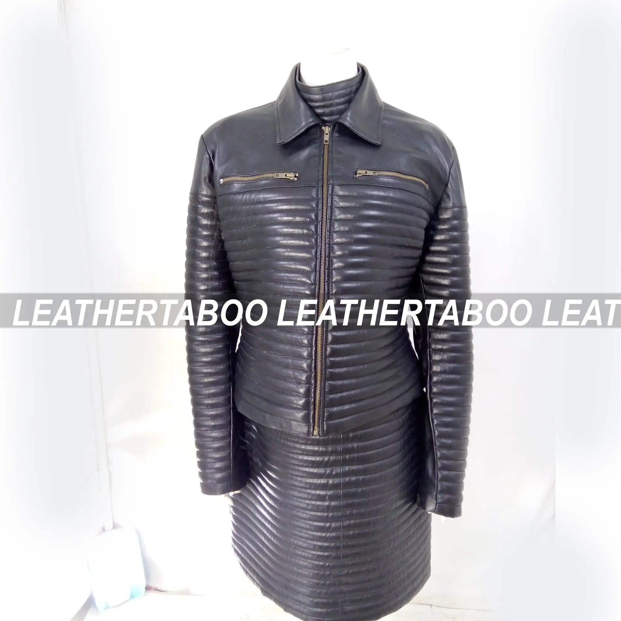 Women's Real Leather Quilted Mini Dress & Jacket Set – Bodycon Sleeveless Dress + Padded Jacket – Handmade Black Leather Outfit - Leather taboo