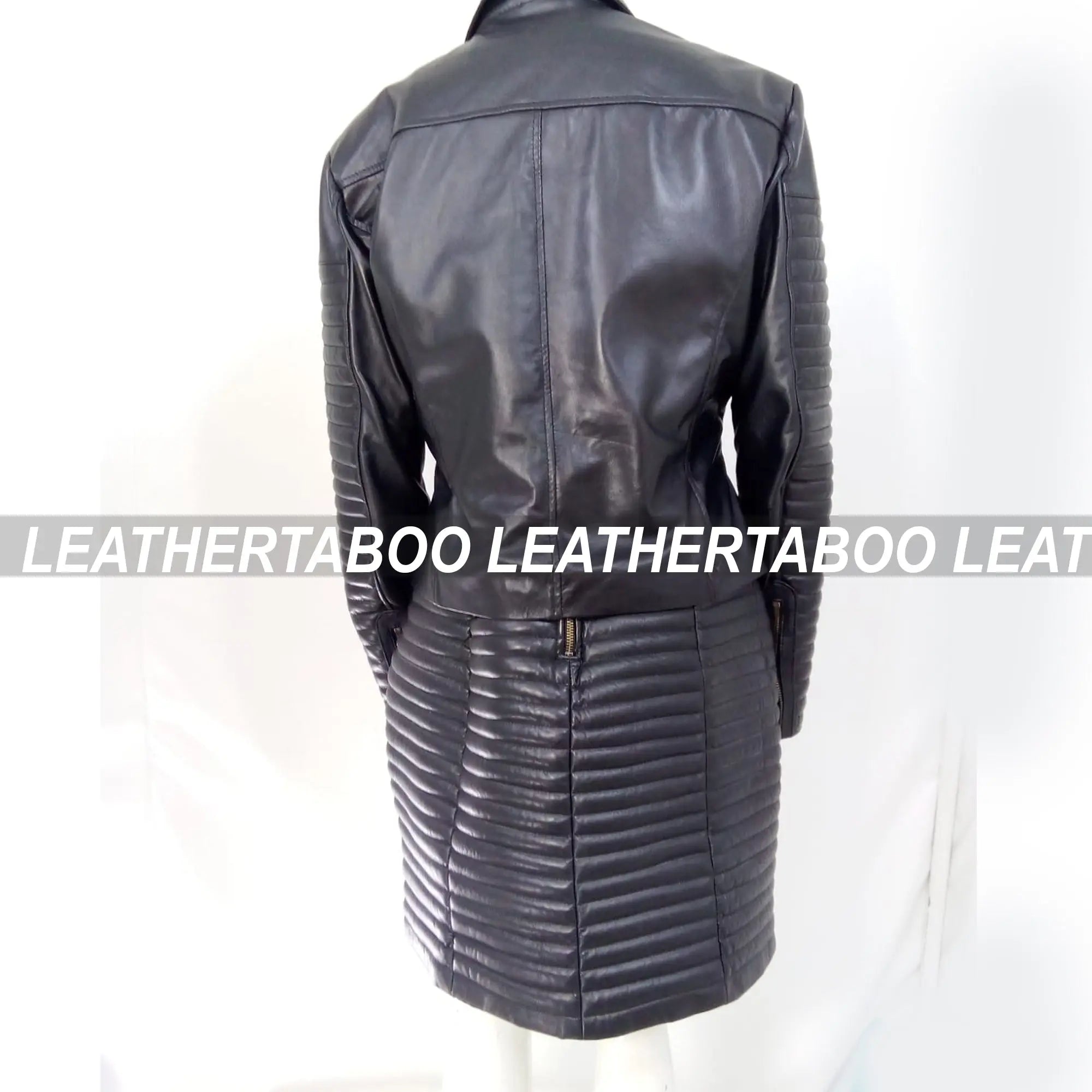 Women's Real Leather Quilted Mini Dress & Jacket Set – Bodycon Sleeveless Dress + Padded Jacket – Handmade Black Leather Outfit - Leather taboo