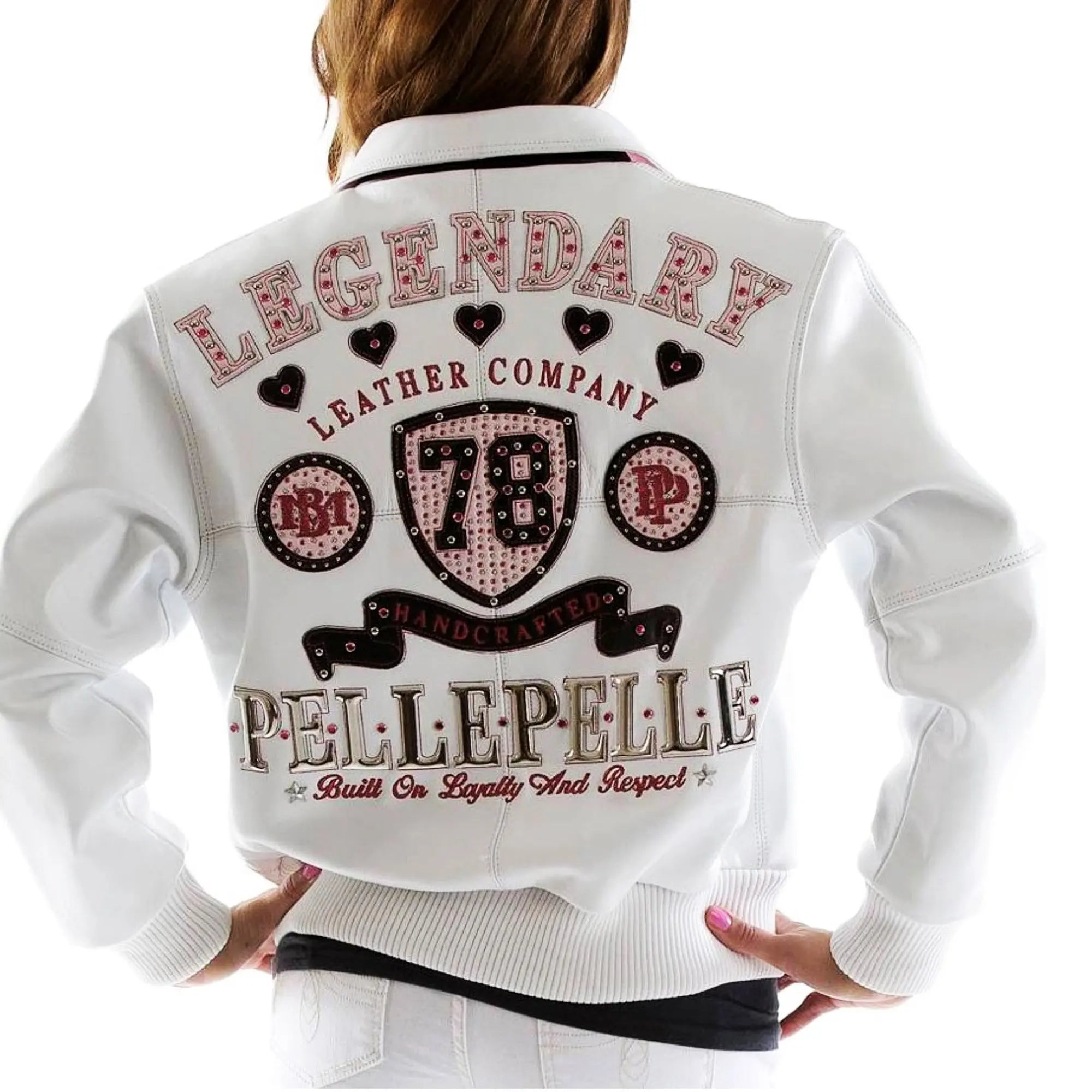 Women's White Pelle Pelle Pink Studded PP Shield Jacket โ Premium Cowhide Leather - Leather taboo