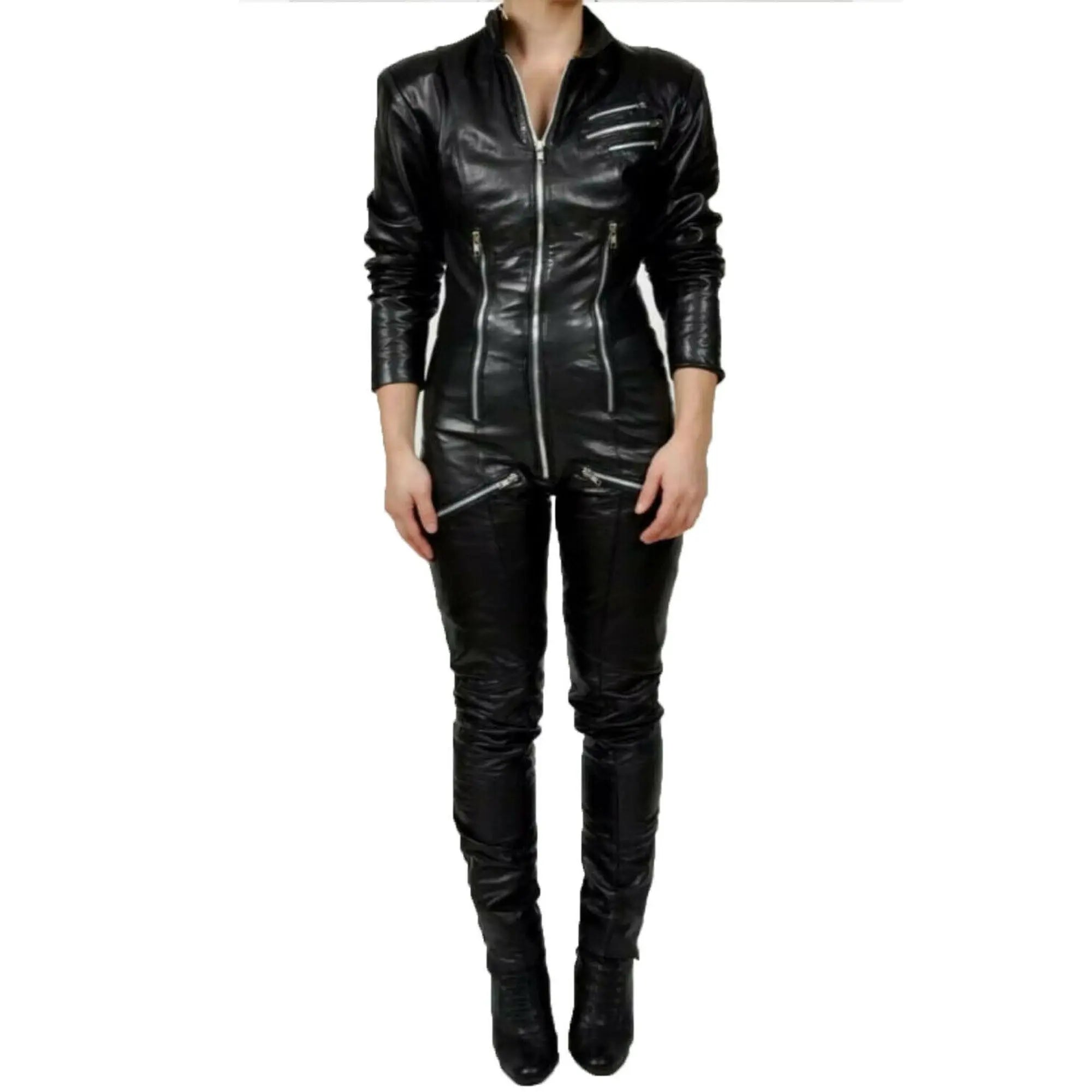 Women's black leather catsuit jumpsuit front view