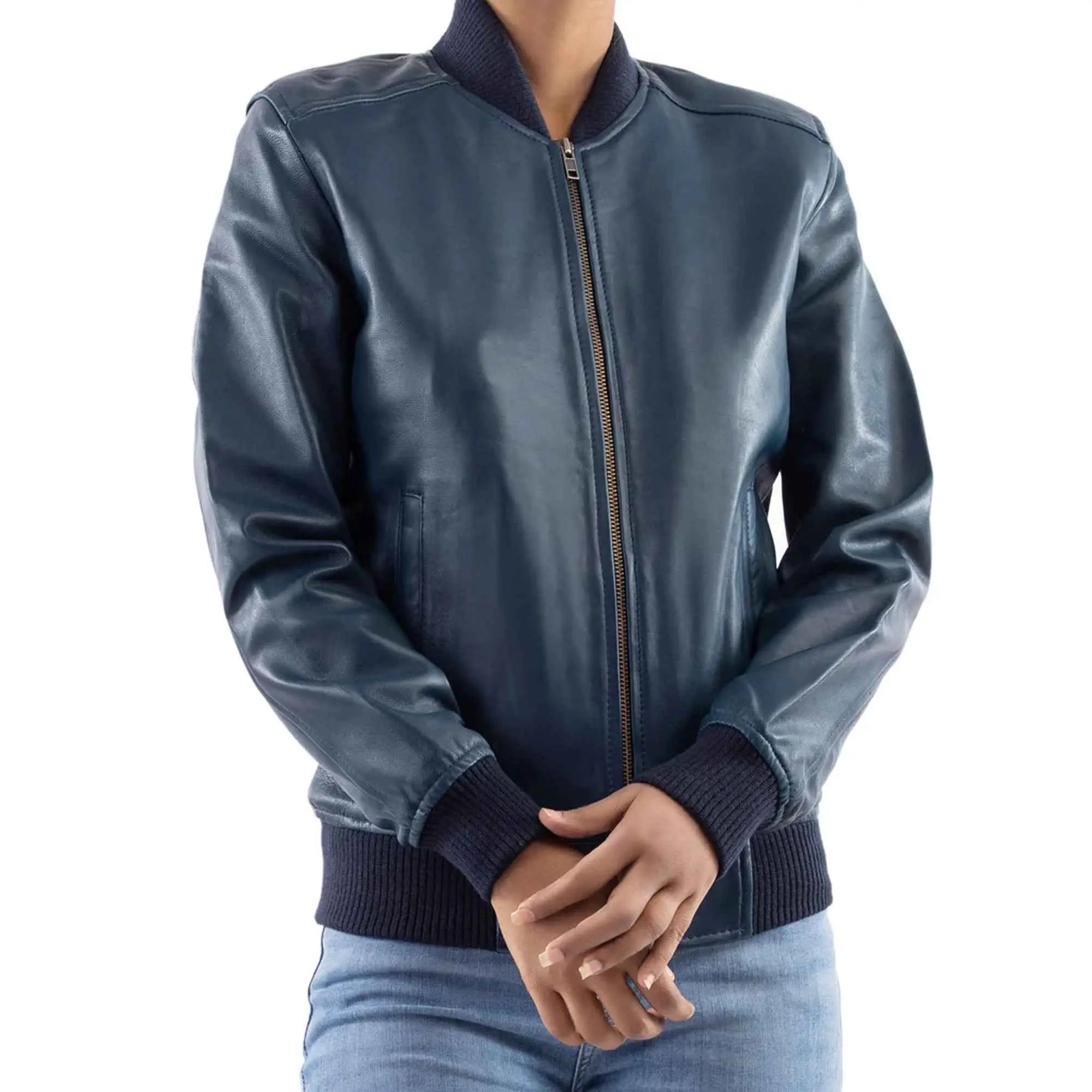 Women's blue bomber leather jacket front view