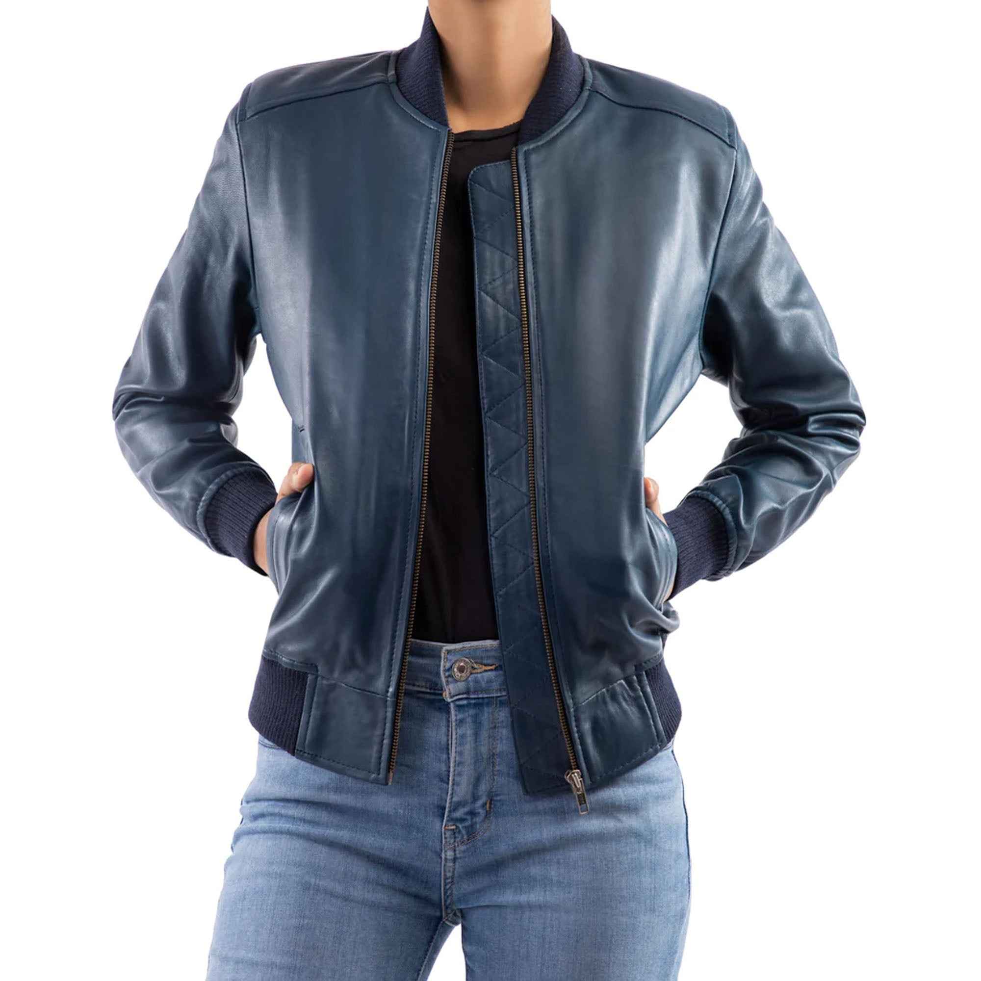 Women's blue leather bomber jacket front view