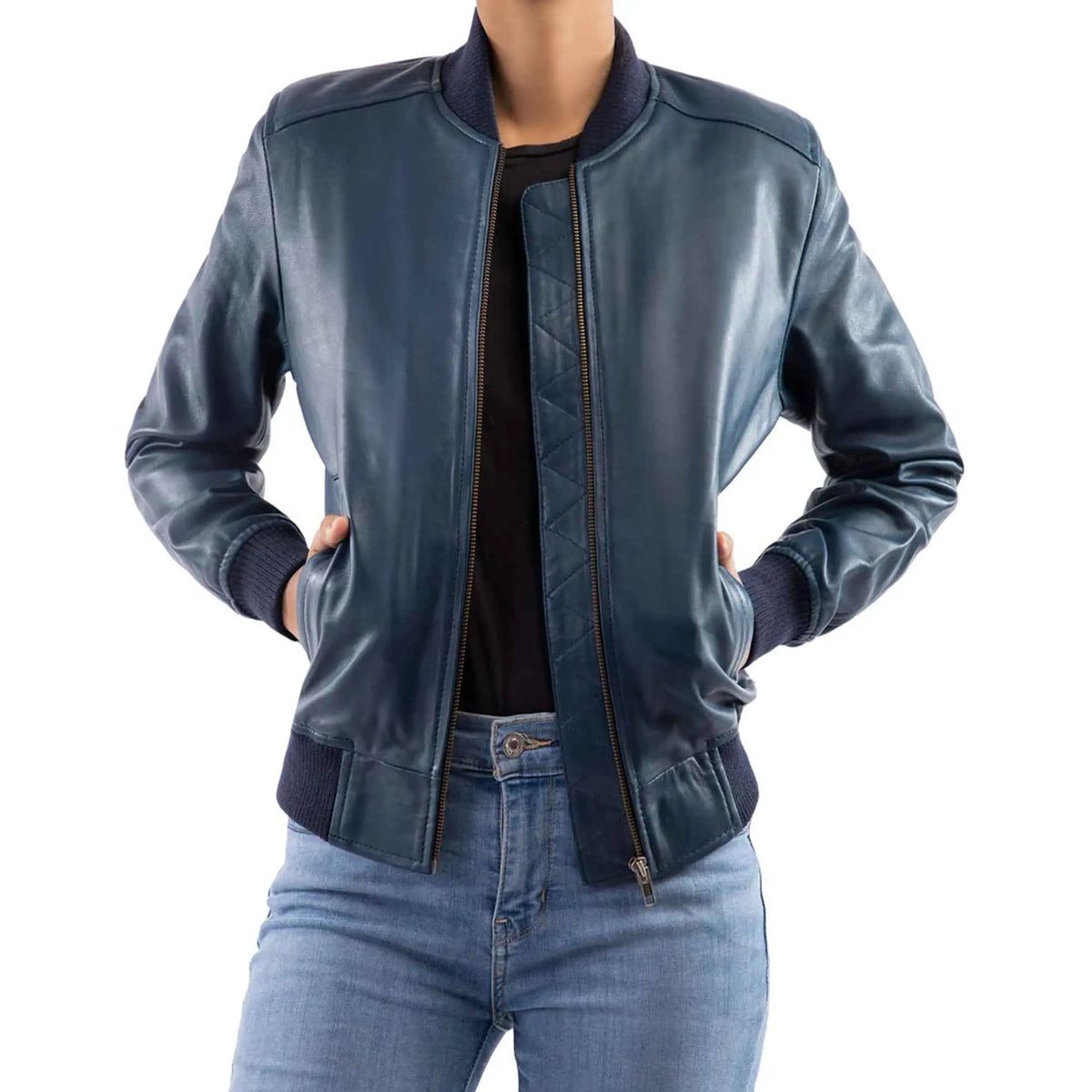 Women's blue leather bomber jacket front view