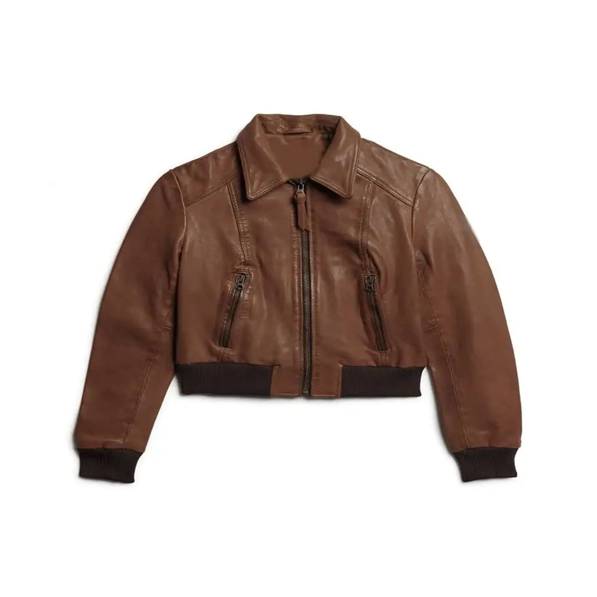 Women's crop leather bomber jacket front stylish fashion