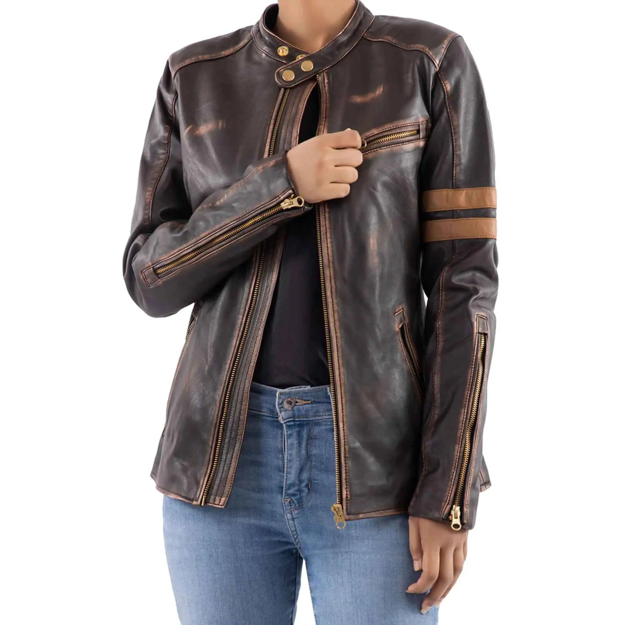 Women's distressed café racer brown leather jacket