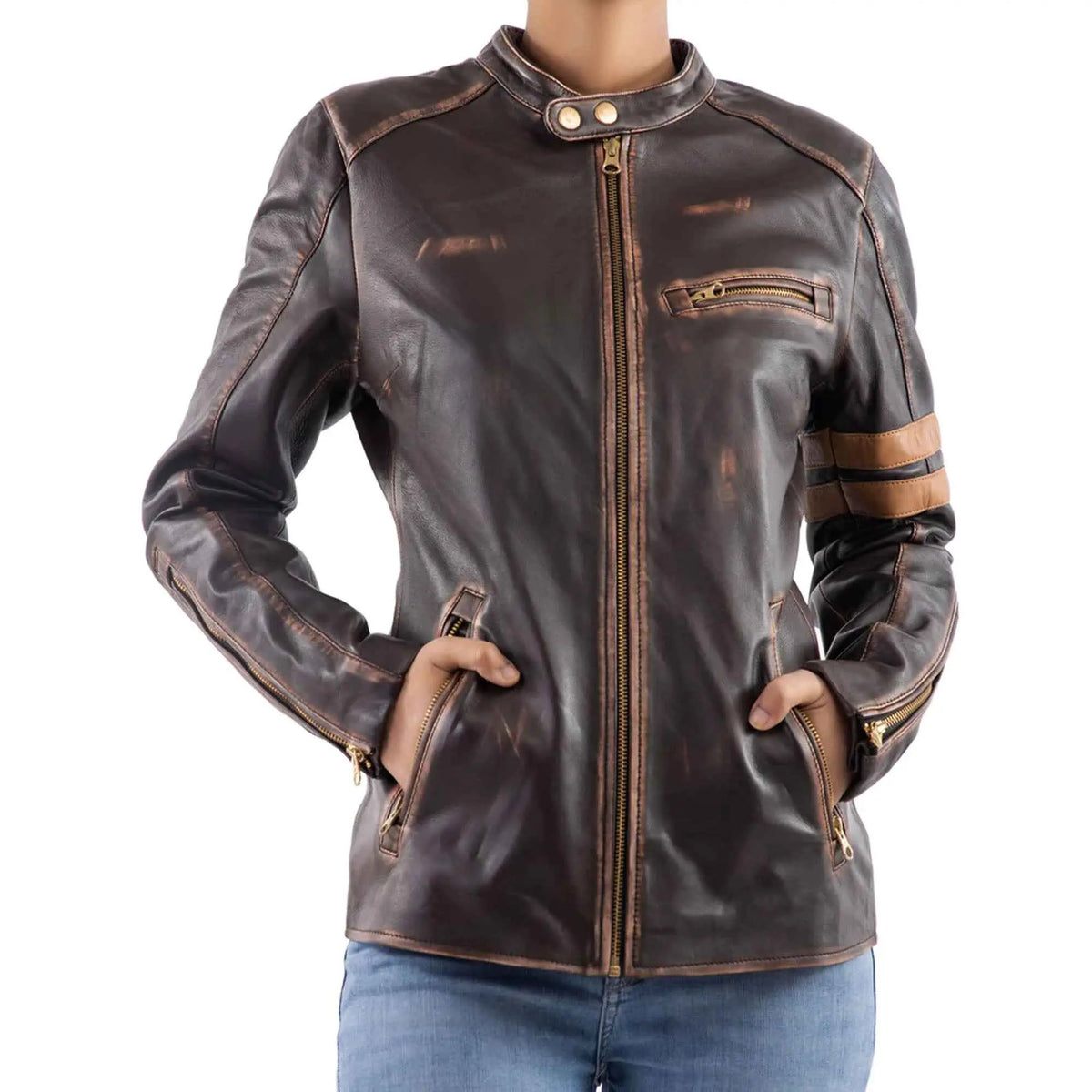 Women's distressed café racer brown leather jacket front