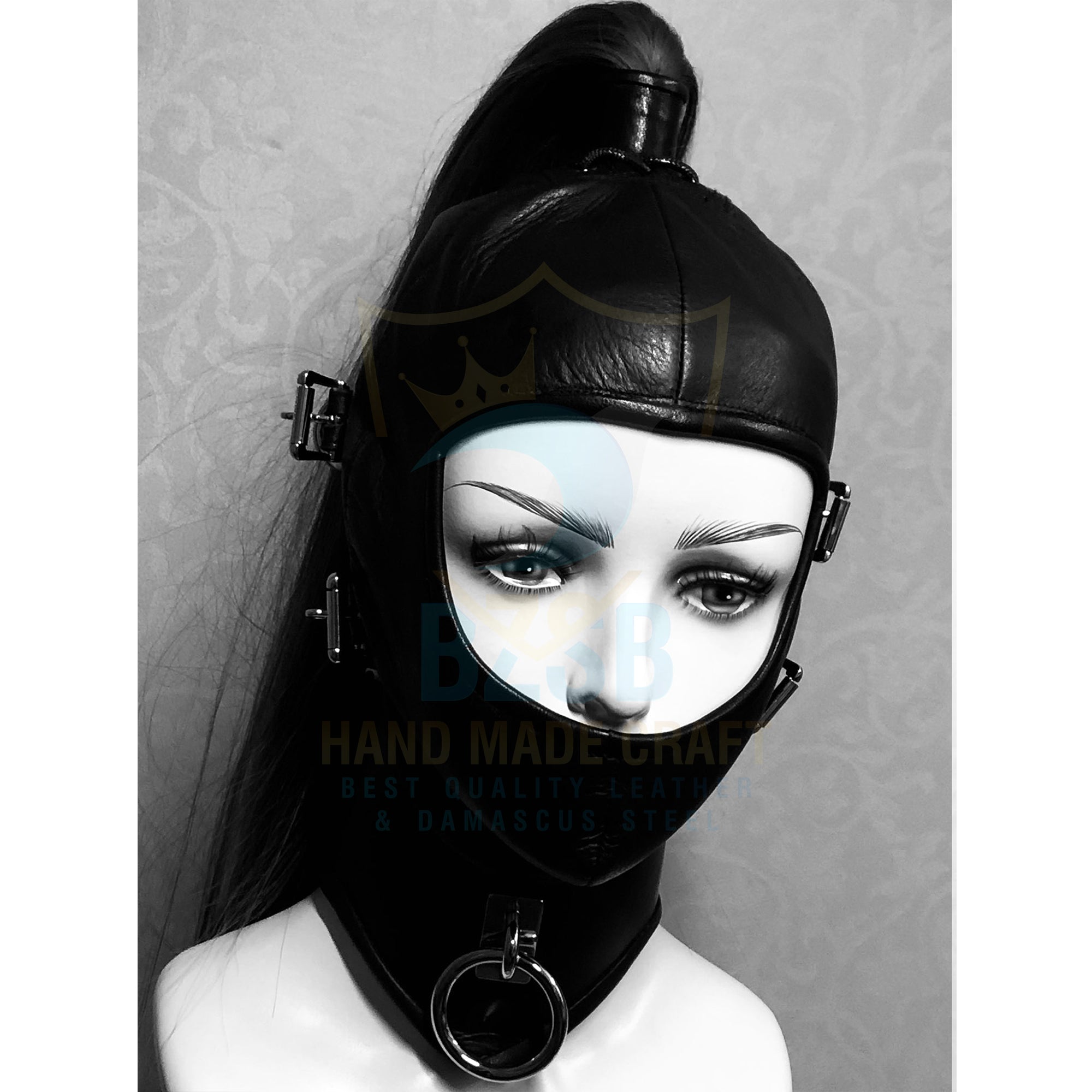 Women's genuine leather hood mask with blindfold