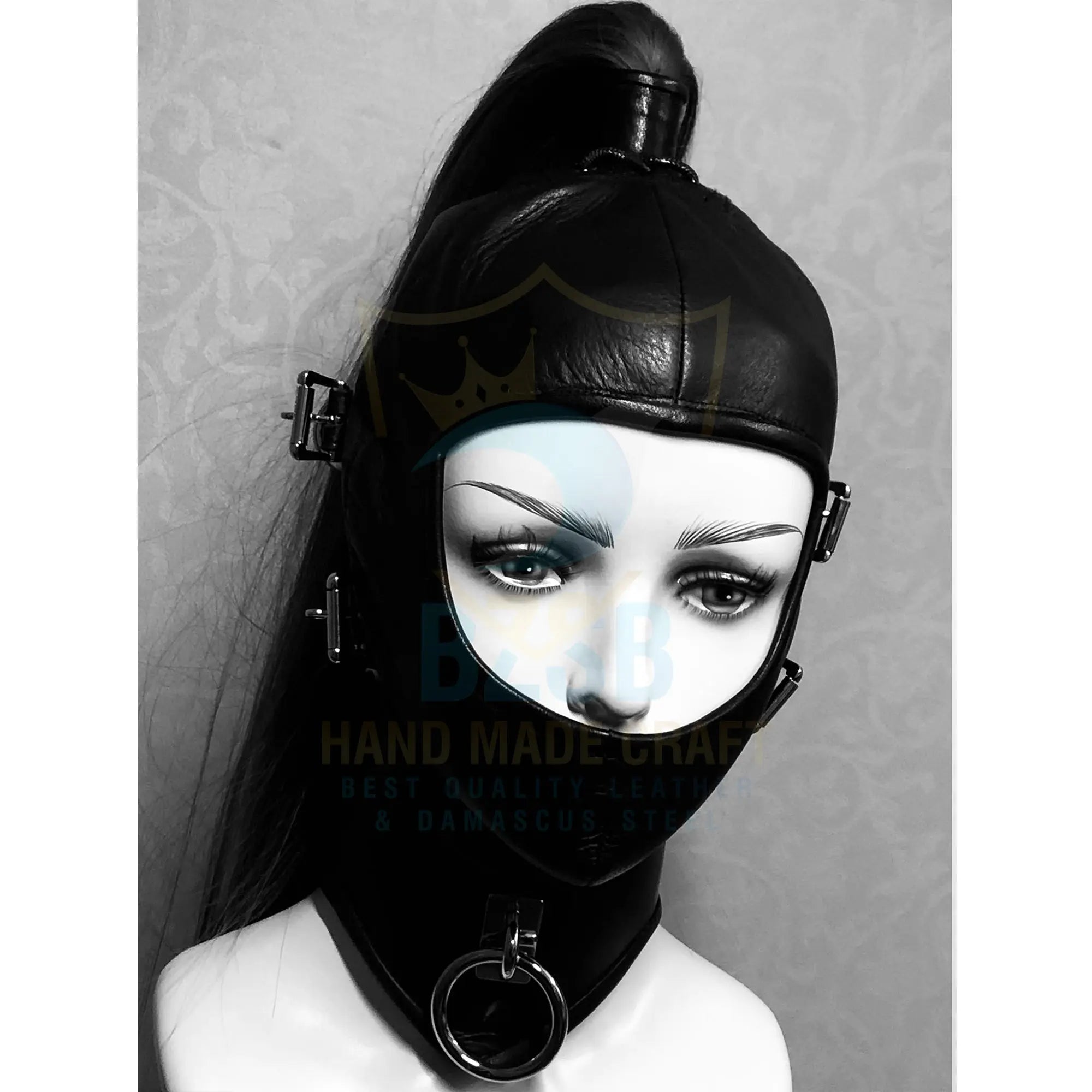 Women's genuine leather hood mask with blindfold