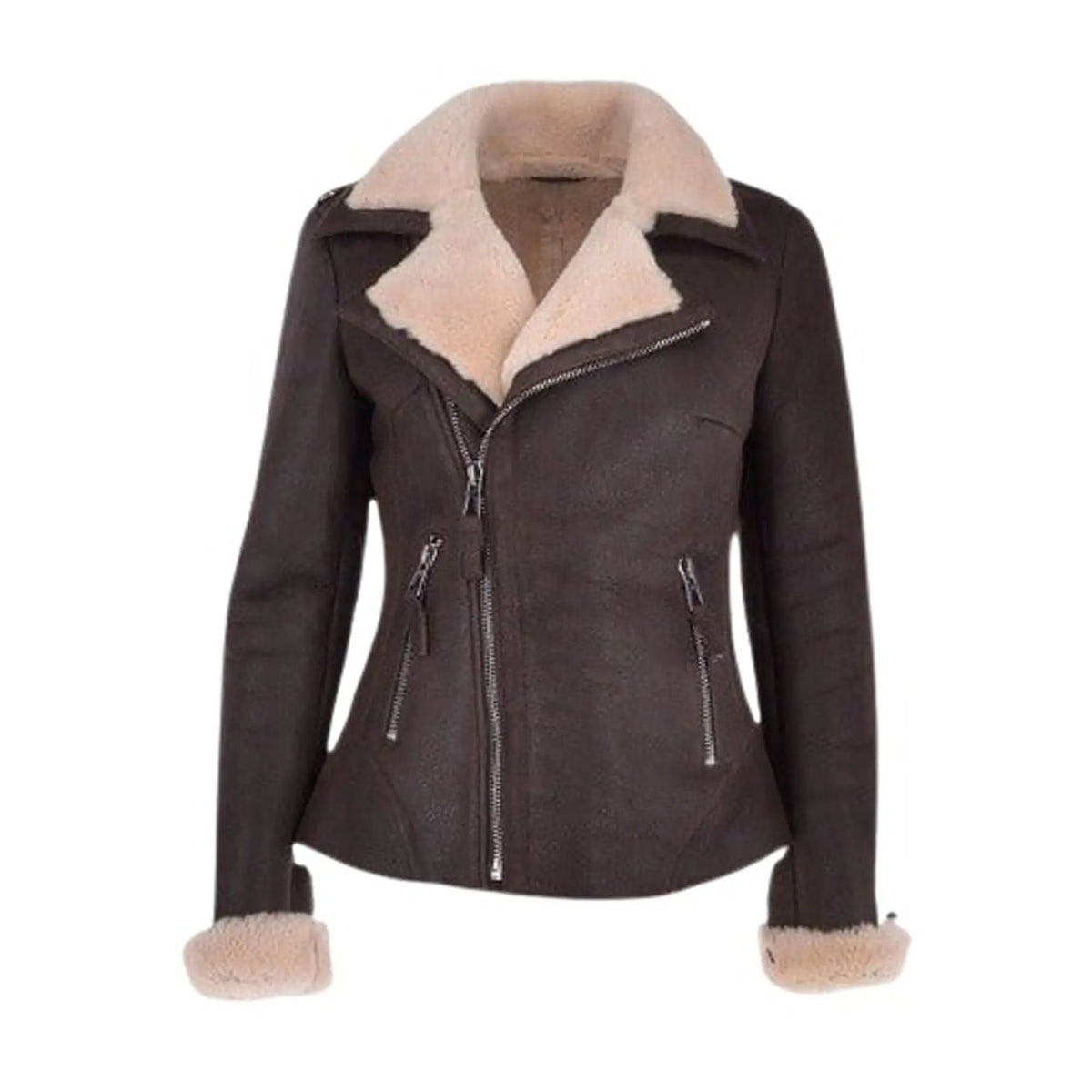 Women's luxury black aviator leather jacket front view pose.