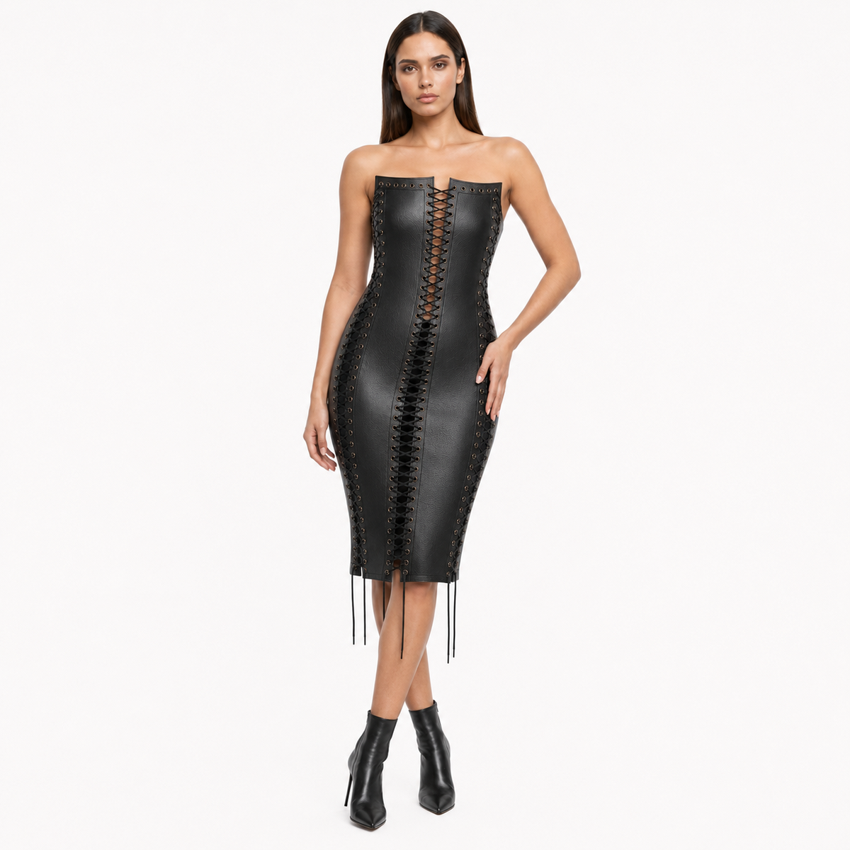 Women’s black leather strapless midi dress front view with full-length front lacing, side lace-up panels and metal eyelets on a model.