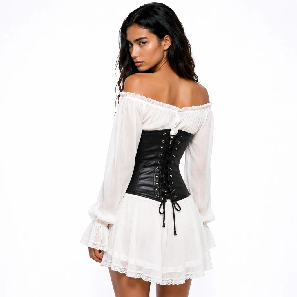 Rear view of women's black leather underbust waist corset layered over a white dress, with full-height black cord lacing and shaped panels.