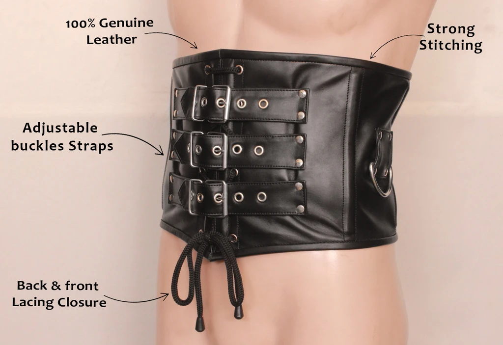 Close-up of black genuine leather waist corset with three adjustable buckle straps, front lacing, rivets and a side D-ring with feature labels.