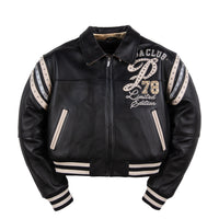 Women's black leather varsity jacket, front view, showing contrasting cream accents and decorative details in the supplied product photograph.