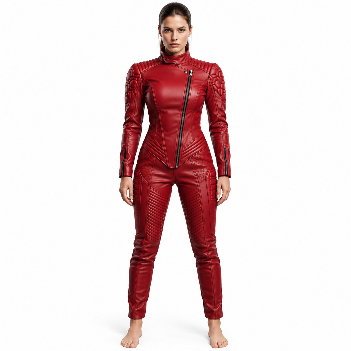 Women’s burgundy leather moto-style jumpsuit with asymmetric front zipper, high snap collar, quilted shoulders and ribbed thigh panels, front view.