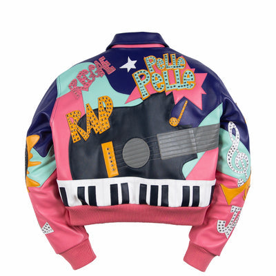Back view of women's multicolor leather music jacket with a large guitar applique, piano-key hem detail, notes and studded lettering.