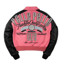 Women's pink and black leather varsity jacket, back view, featuring contrast panels and decorative lettering in the product photo.