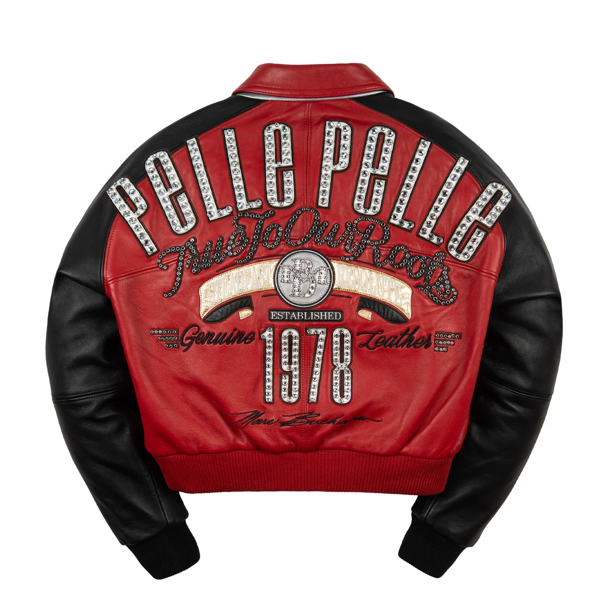 Women's red and black leather varsity jacket, back view, with contrasting panels, embroidered motifs, and reflective embellishments.