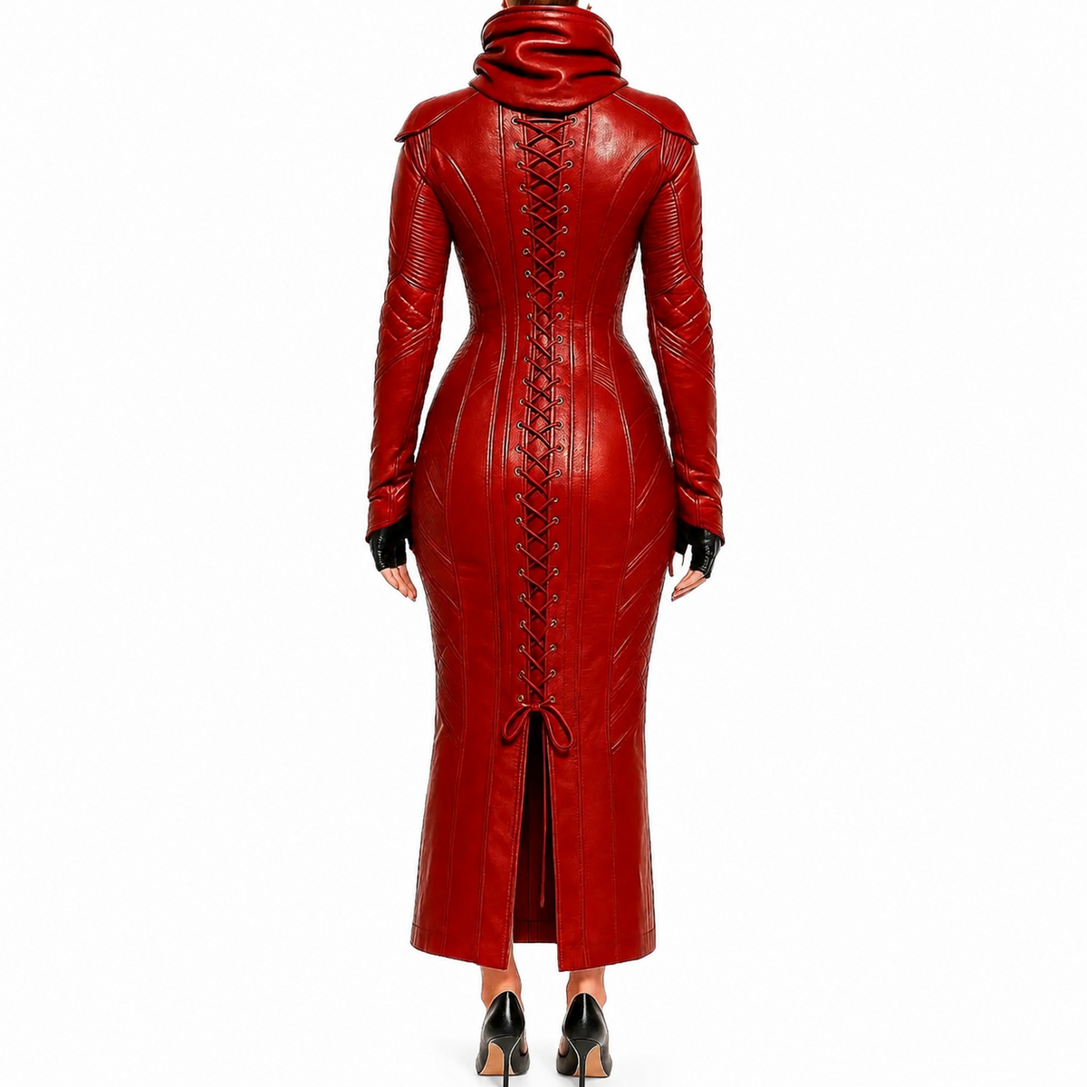 Back view of women's red genuine leather maxi coat with full-length lacing, high cowl collar, shaped seams, long sleeves and a rear hem slit.