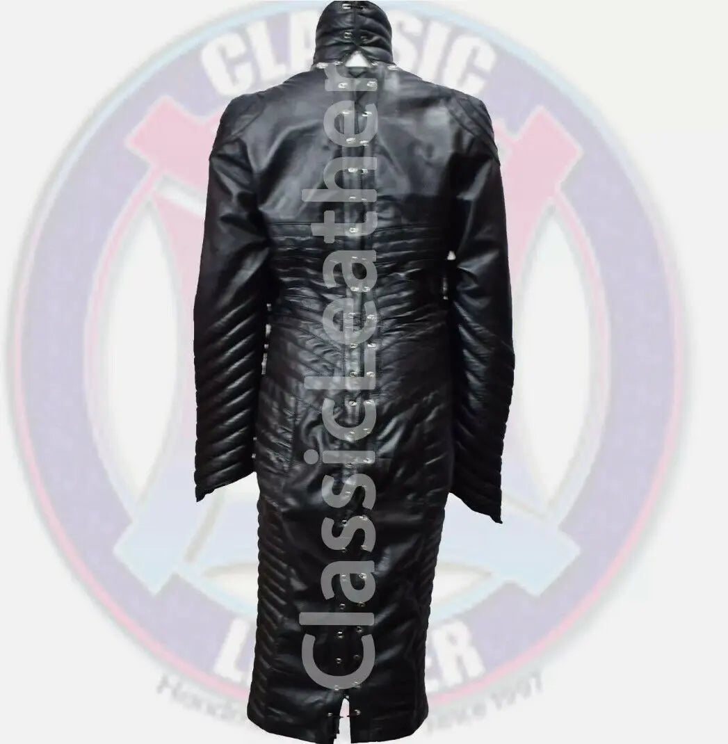 Womens black leather coat with back lace up detailing