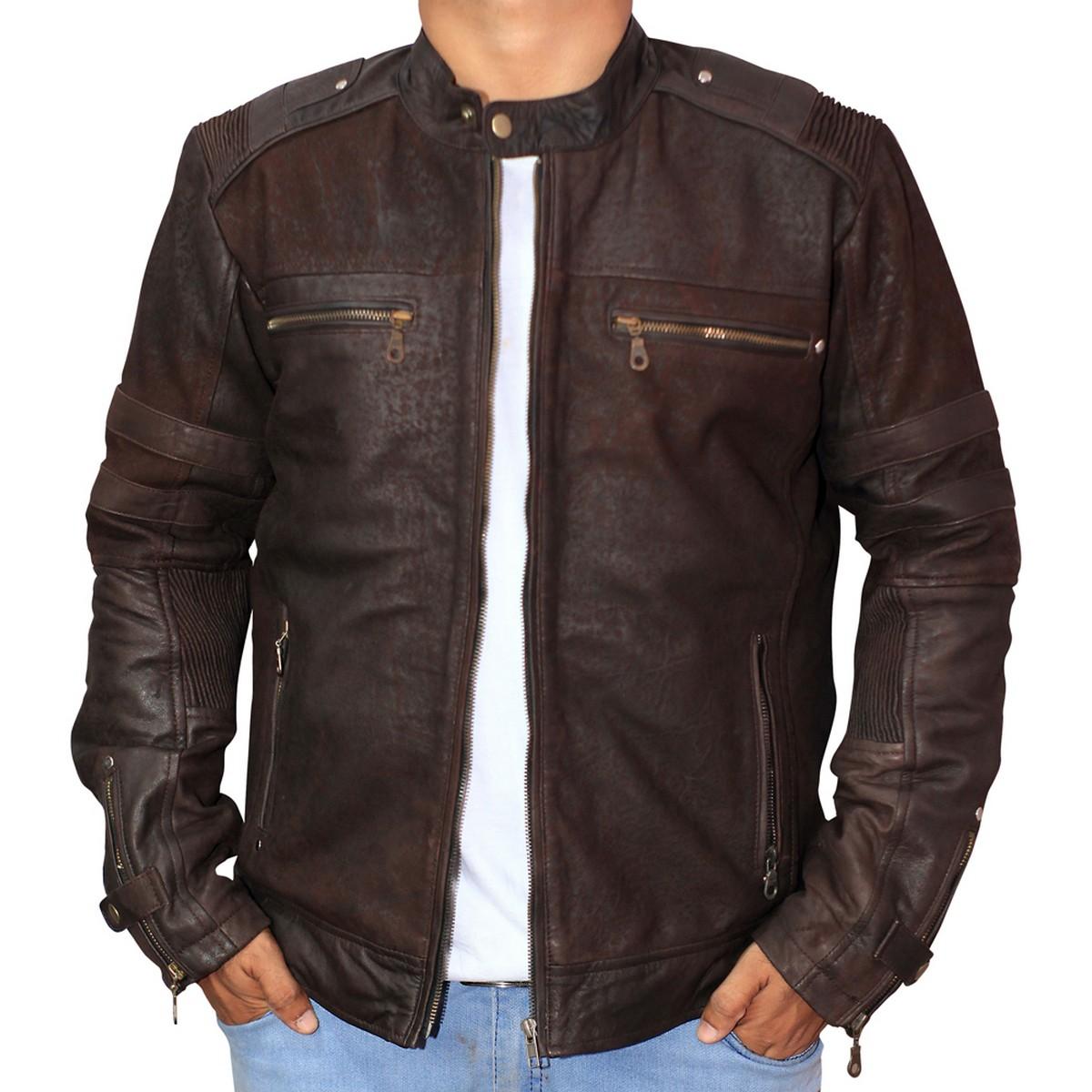 Menโs Davidson Vintage Leather Biker Jacket (Distressed Motorcycle Button Coat)