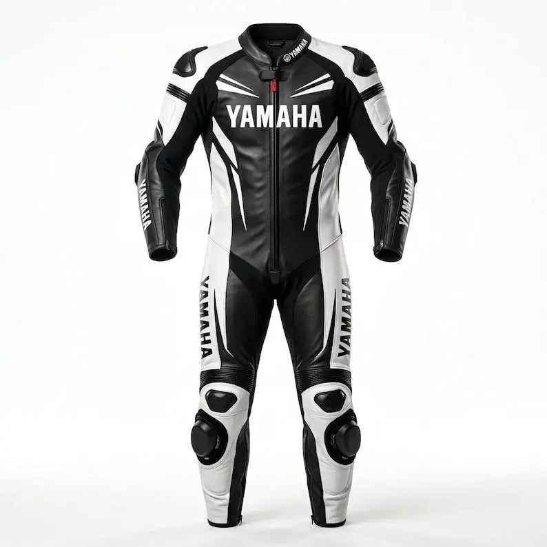 Yamaha one piece leather racing suit in black and white with premium motorcycle protection and racing styling