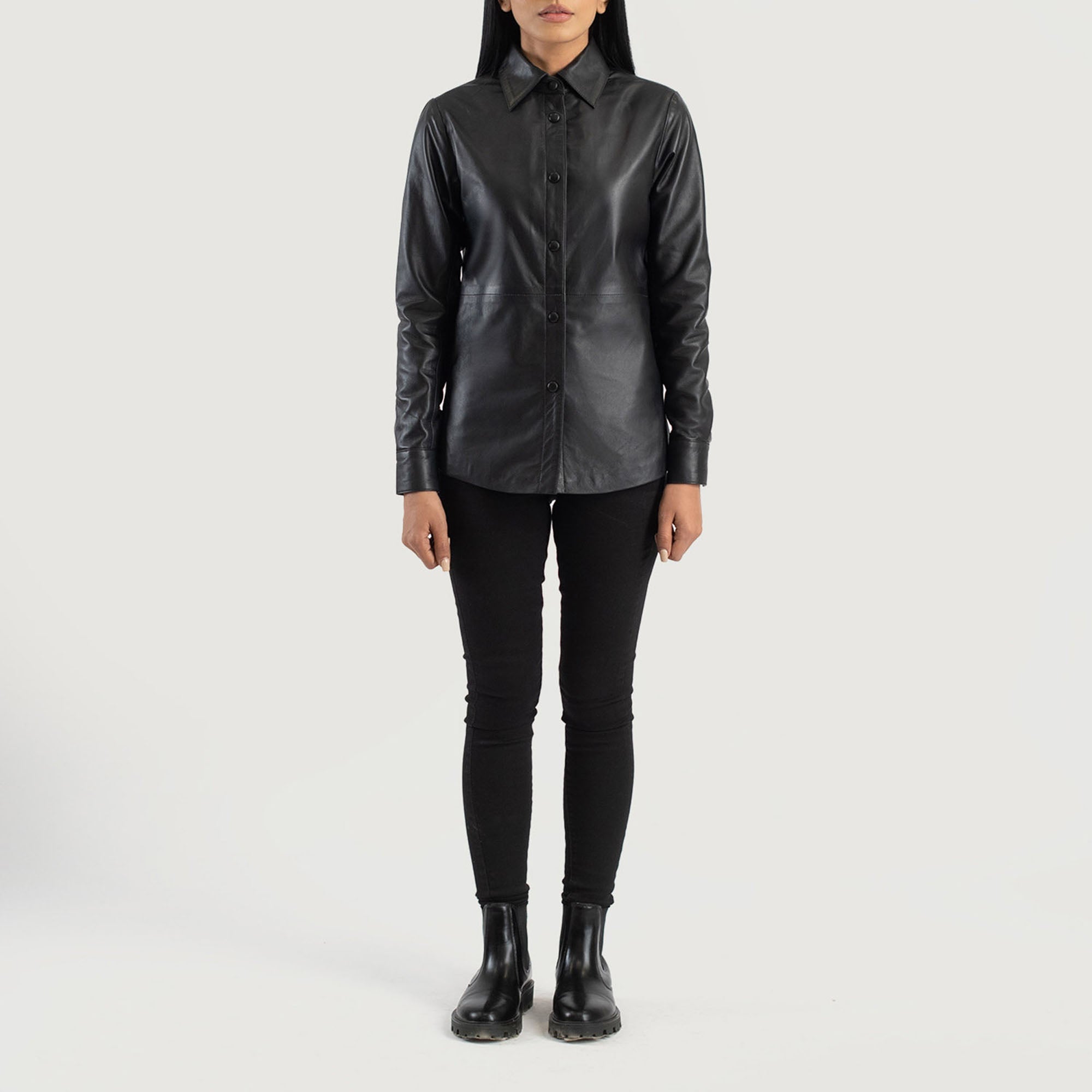 Zenith black leather shirt jacket front view