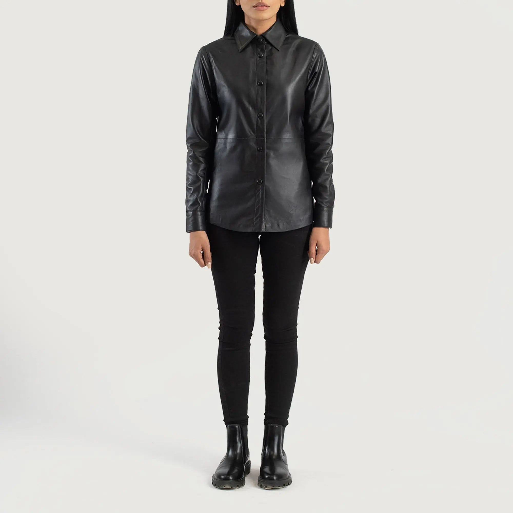 Zenith black leather shirt jacket front view
