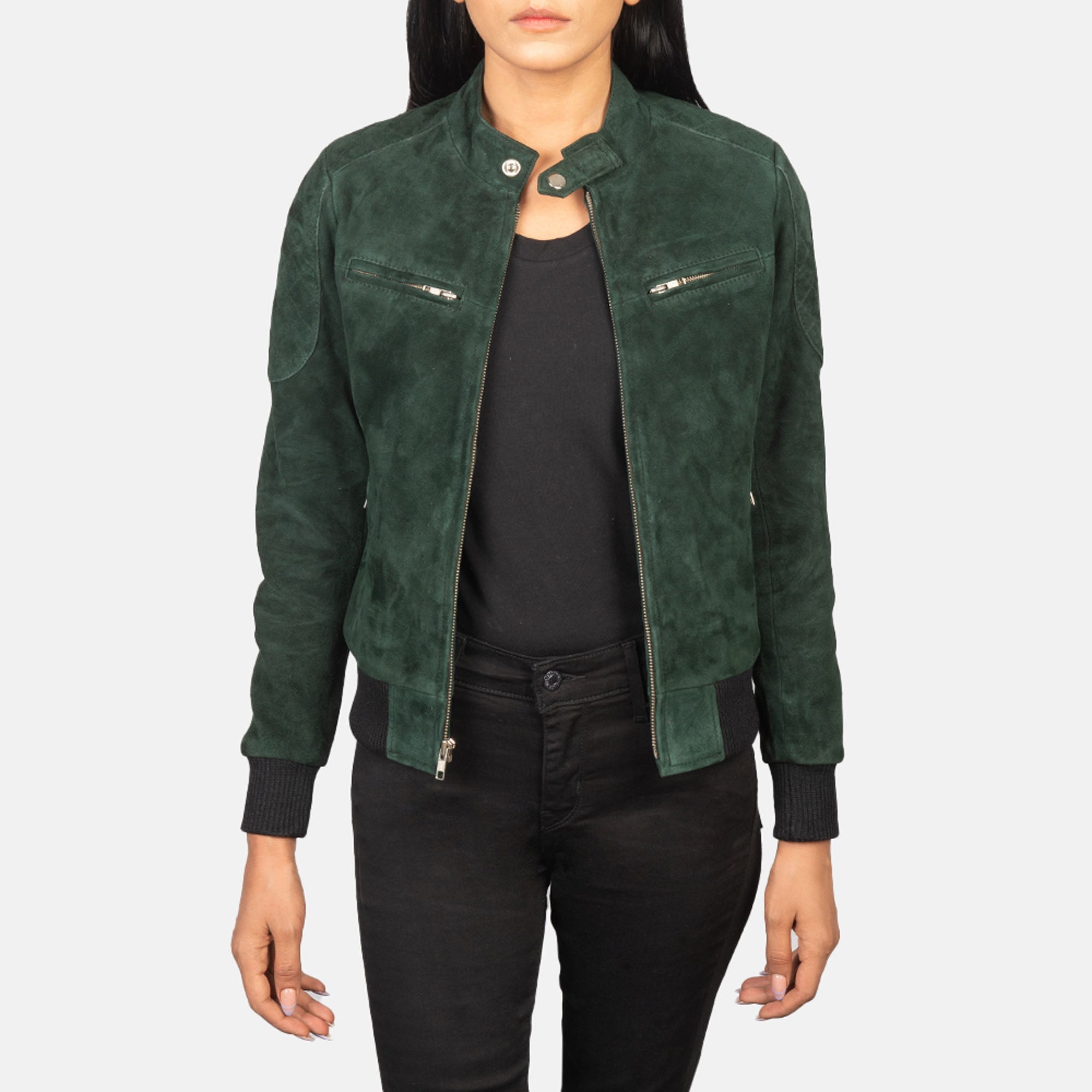 Zenna green suede bomber leather jacket front view