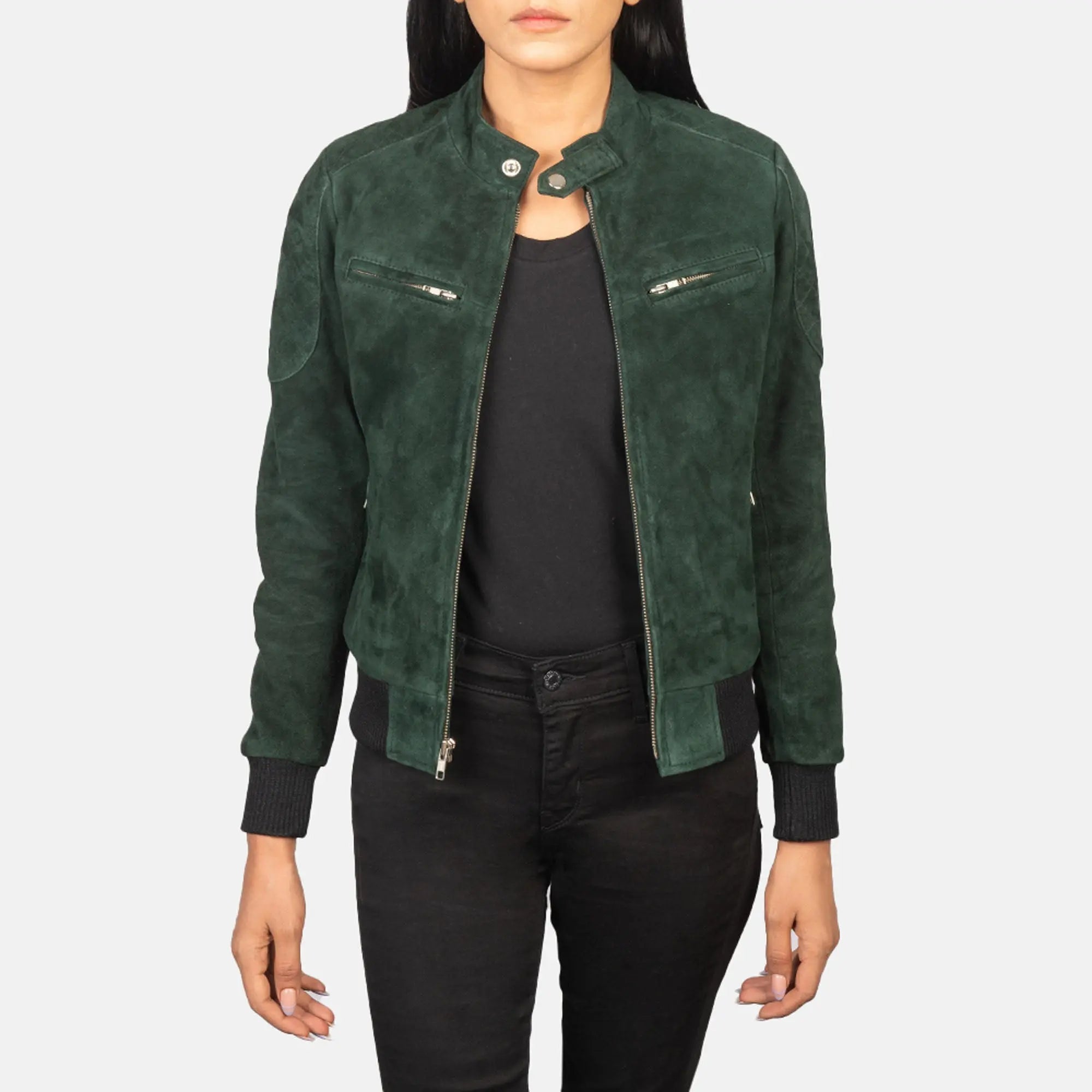 Zenna green suede bomber leather jacket front view
