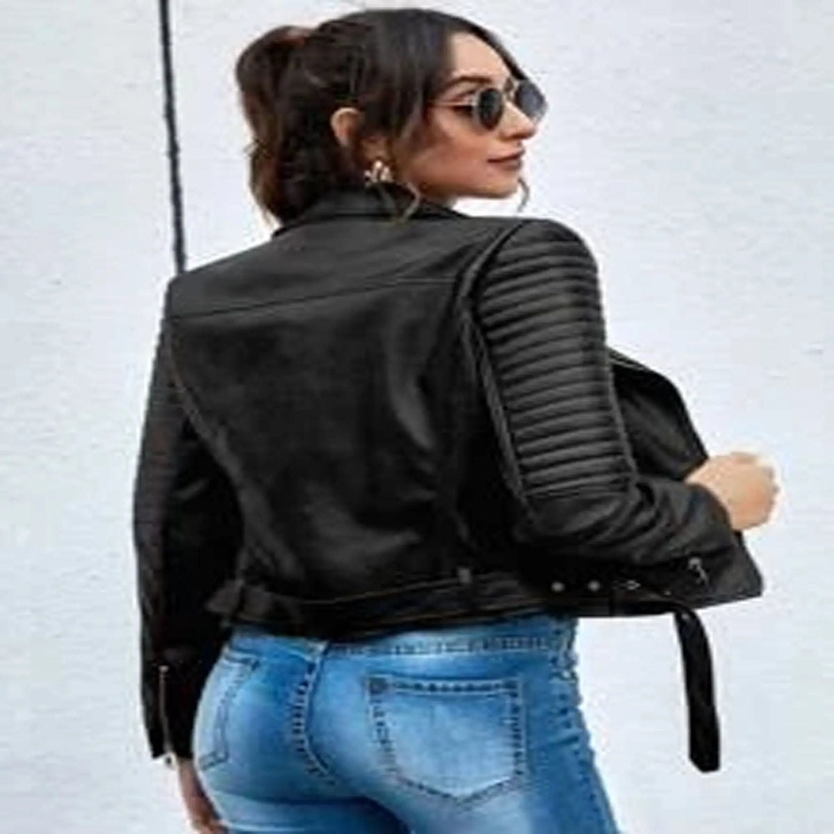 Zip up leather moto jacket belted waist detail view HD
