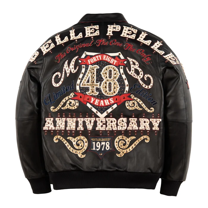 Back of black leather jacket with Pelle Pelle lettering, large 48 anniversary crest, red and gold-tone details and ribbed hem.