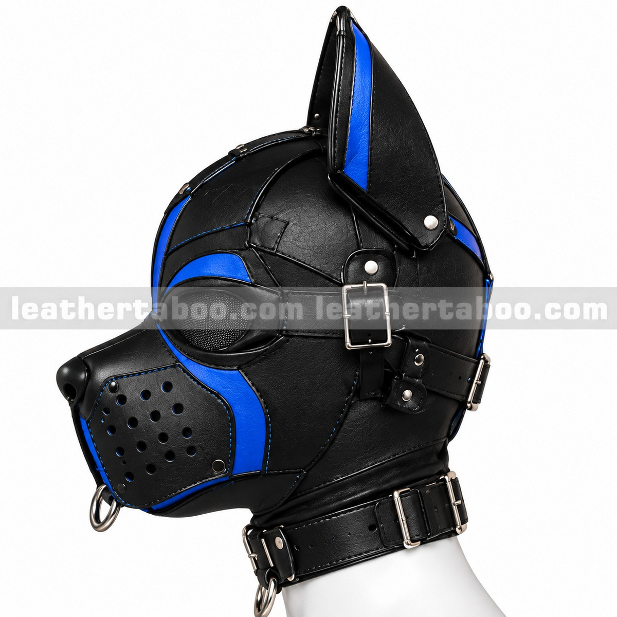 Side view of black and blue leather dog hood with pointed ears, mesh eye panel, perforated muzzle and adjustable metal buckle straps.
