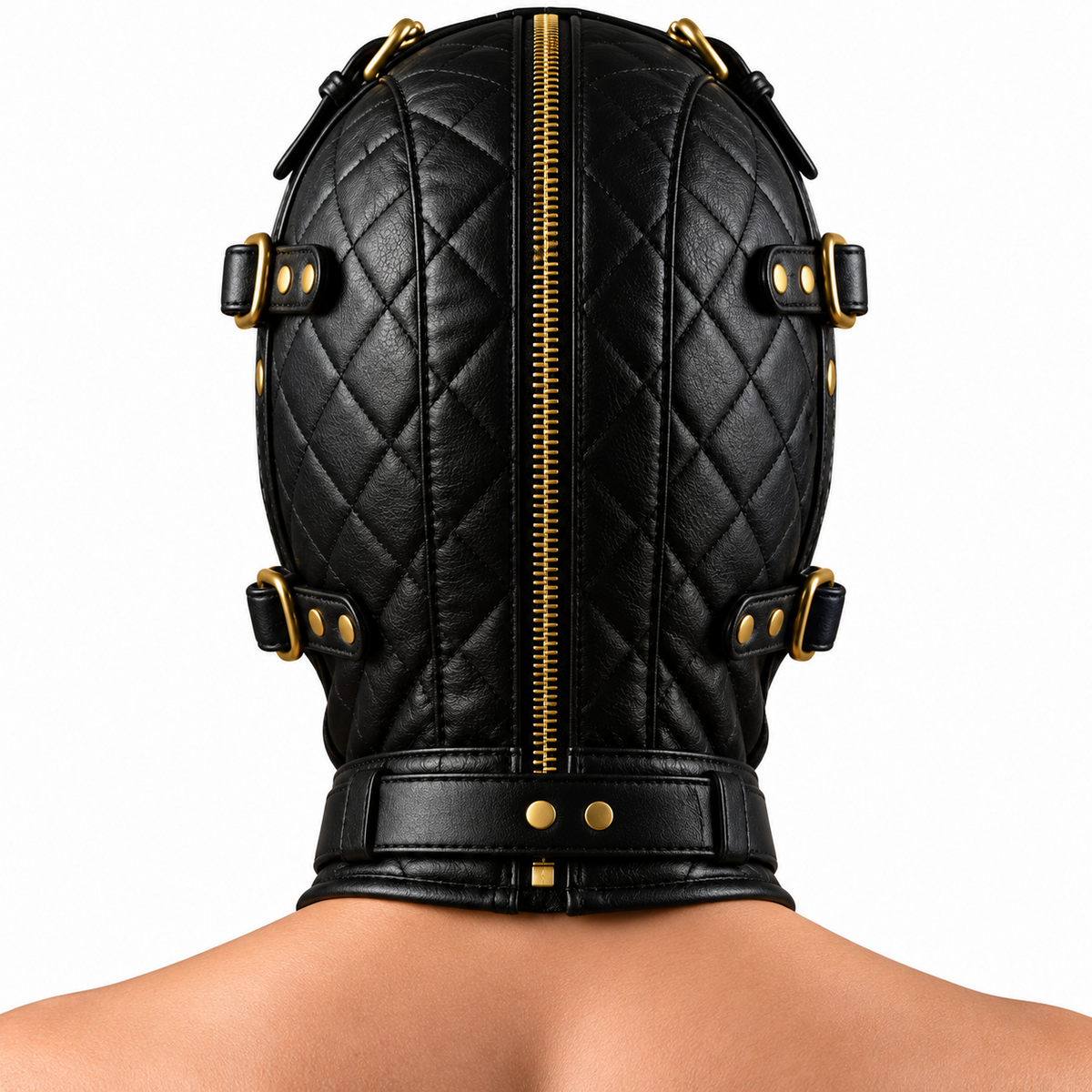 Back view of black quilted leather hood showing the central gold-tone zipper, diamond stitching, side strap hardware and neck band.