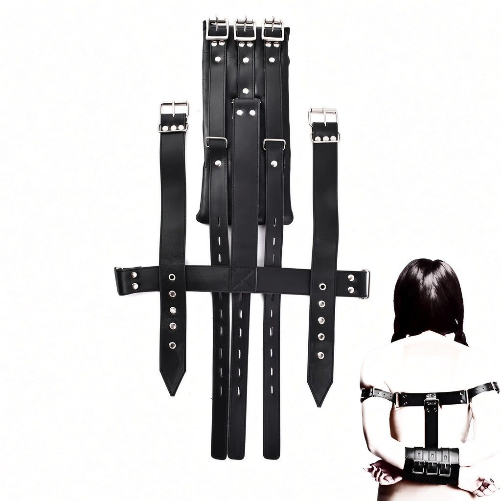 Extended view of black genuine leather arm restraint harness showing three long buckle straps, upper-arm bands and a rear wearing reference.