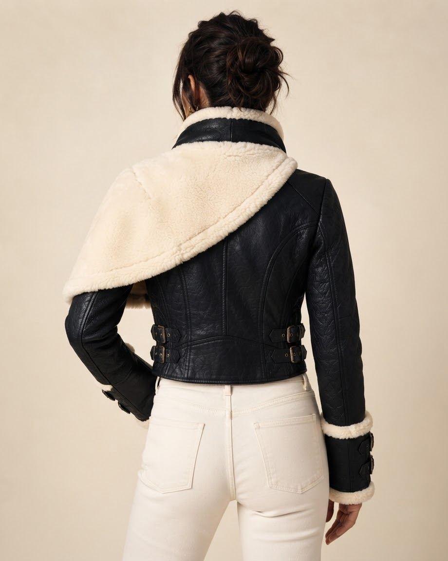 Back view of black leather cropped jacket with cream shoulder wrap, shaped seams, side buckle straps and cream-trimmed buckled cuffs.