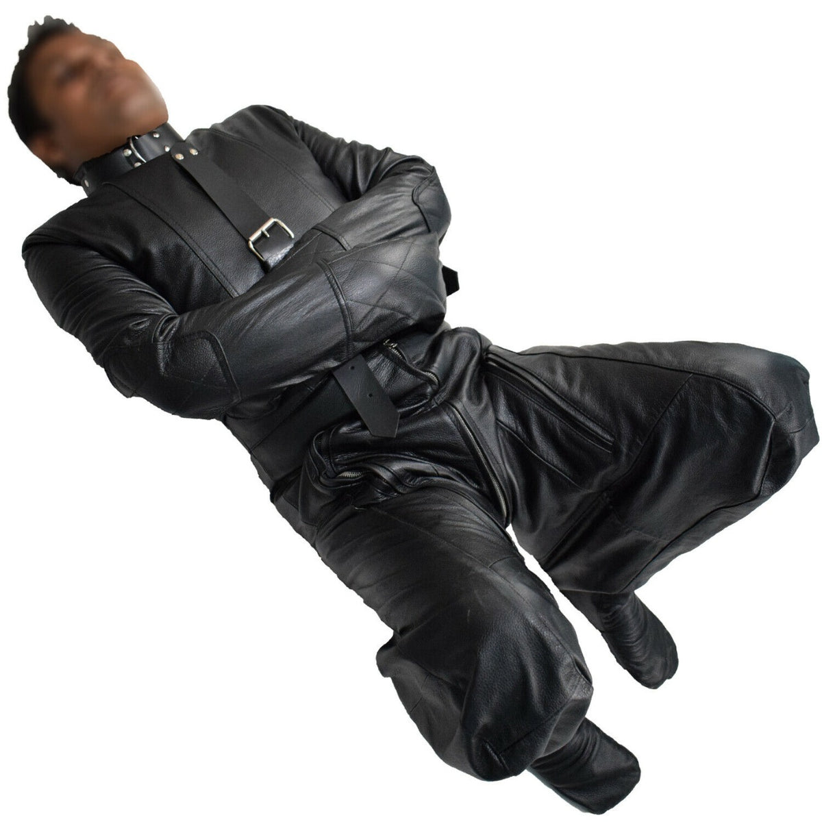 Front angle of black genuine leather enclosed-sleeve suit showing the collar, chest strap, shaped elbow panels and separate covered legs.