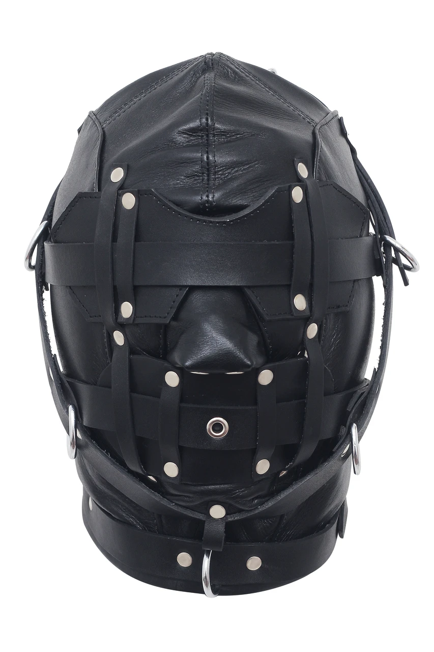 Front view of a black genuine leather full-face hood with layered eye and lower-face panels, riveted straps, silver-tone rings and neck band.