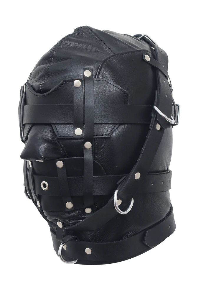 Angled view of a black leather full-face hood showing shaped nose panel, layered face straps, silver-tone rivets, side rings and neck band.
