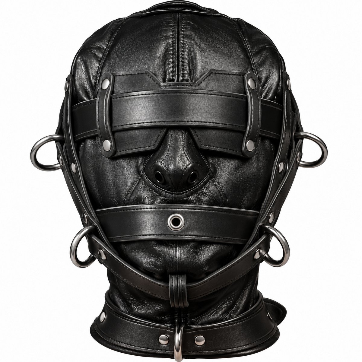 Front view of black genuine leather full-head hood with eye cover panel, nose openings, layered straps, rivets and silver-tone rings on white.