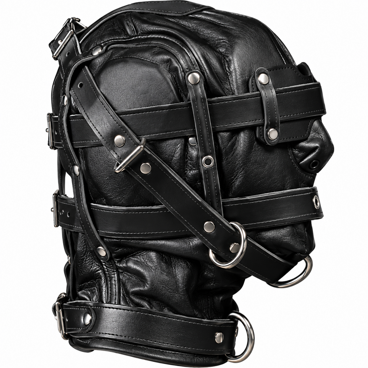 Side view of black genuine leather full-head hood with layered buckle straps, stitched panels, nose eyelet and silver-tone rings on white.