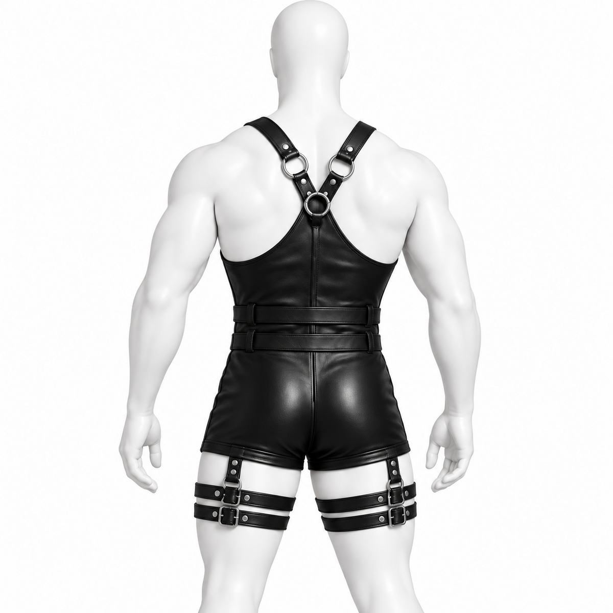 Back view of black genuine leather harness romper with ring-linked shoulder straps, twin waist belts and double thigh straps on a mannequin.