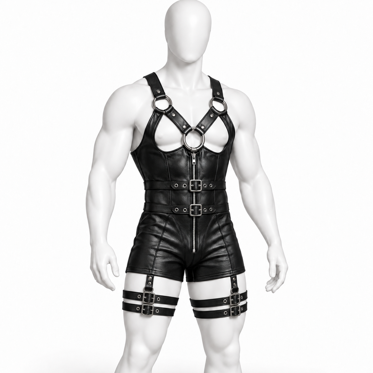 Front view of black genuine leather harness romper with chest cutouts, O-rings, front zipper, twin waist belts and double thigh straps.