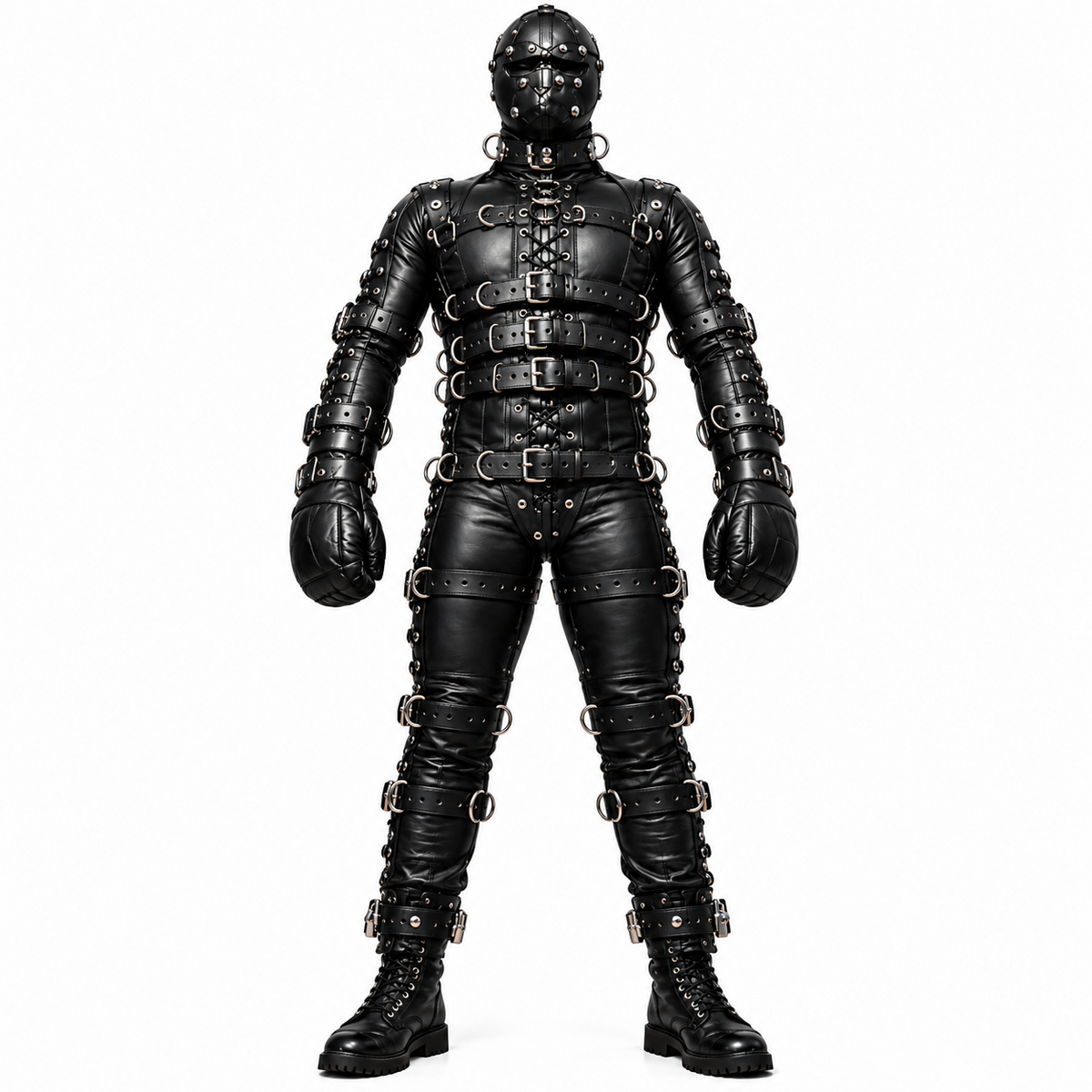 Front view of black genuine leather harness suit with eyelet lacing, layered buckle straps and silver-tone rings, styled with hood and boots.