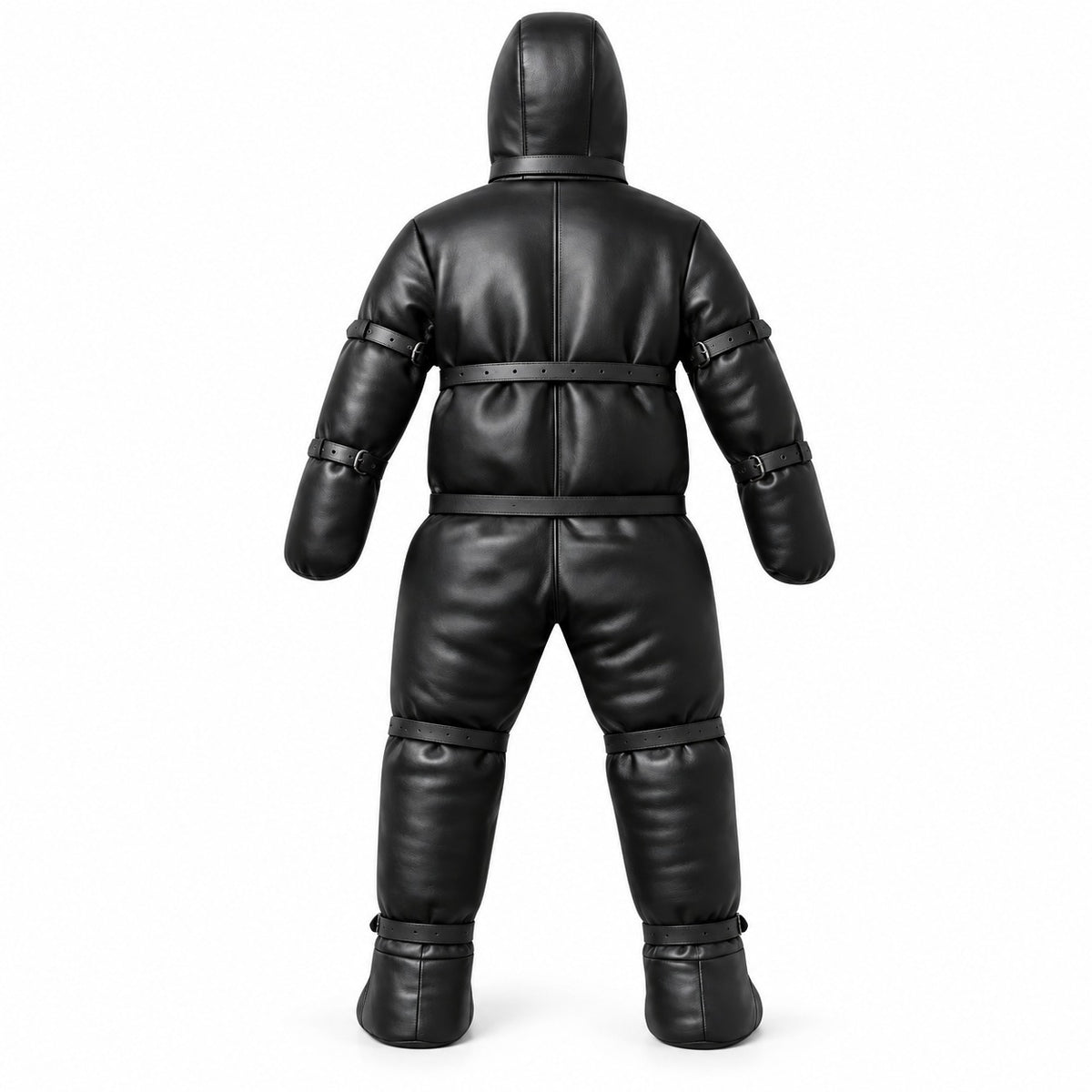 Black leather hooded full-body suit, rear view with separate enclosed legs, closed sleeve ends and straps across torso, arms and lower legs.